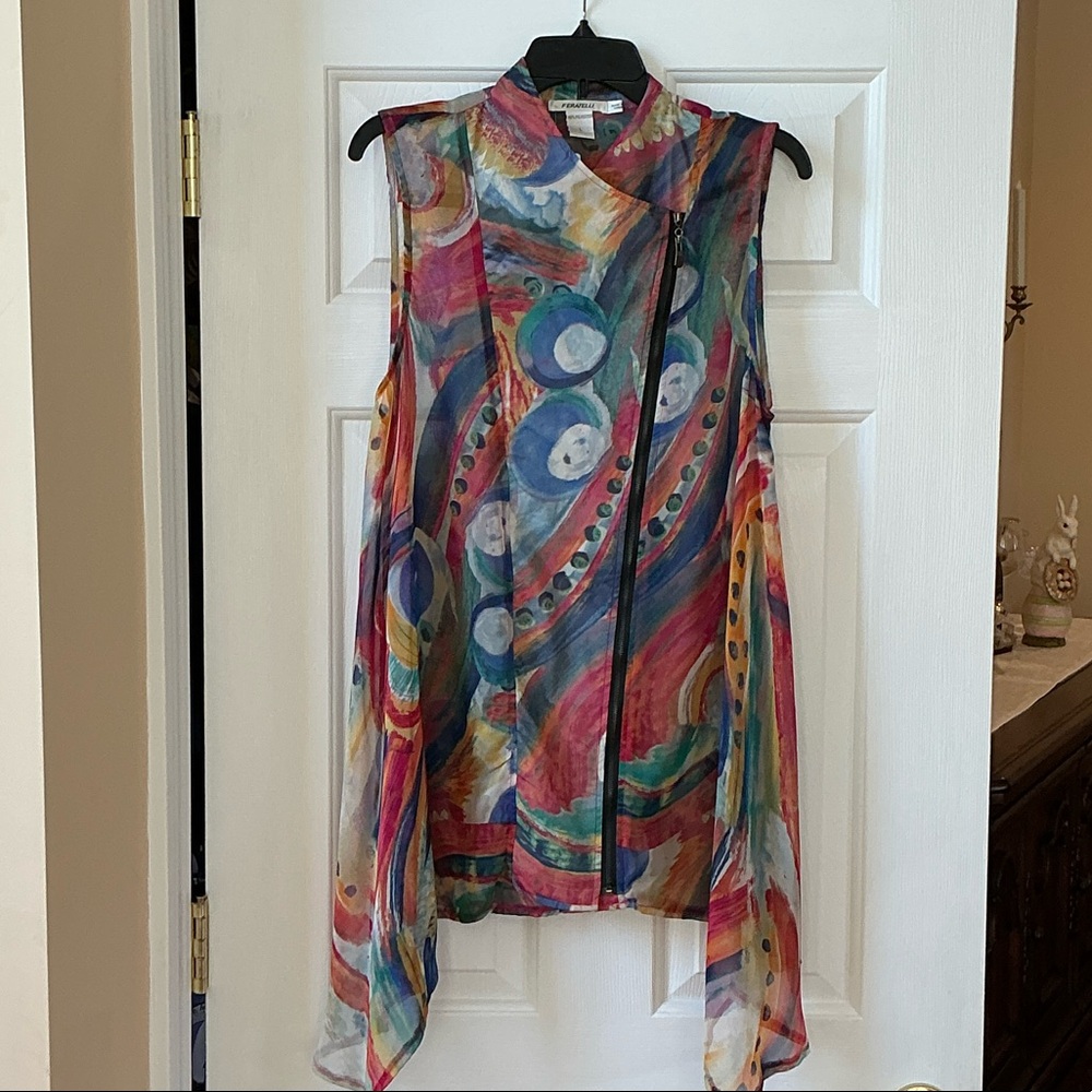 Colorful Abstract Print Sleeveless Zip Vest